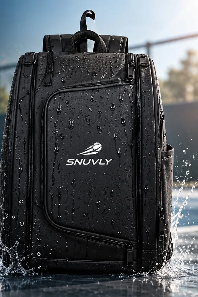 Black Snuvly pickleball backpack standing on a wet court, water beading off its surface