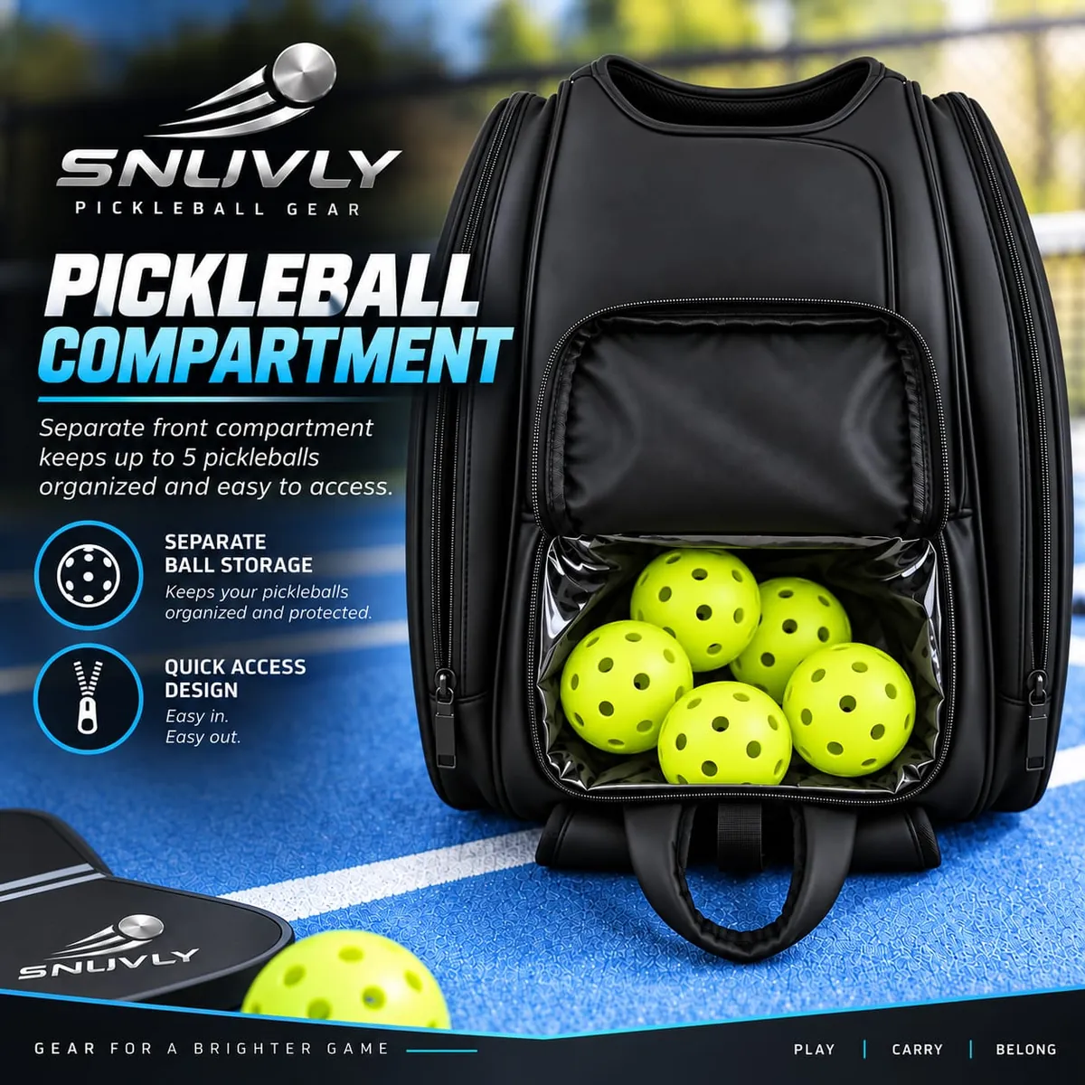 Five yellow pickleballs in the Snuvly bag's front compartment