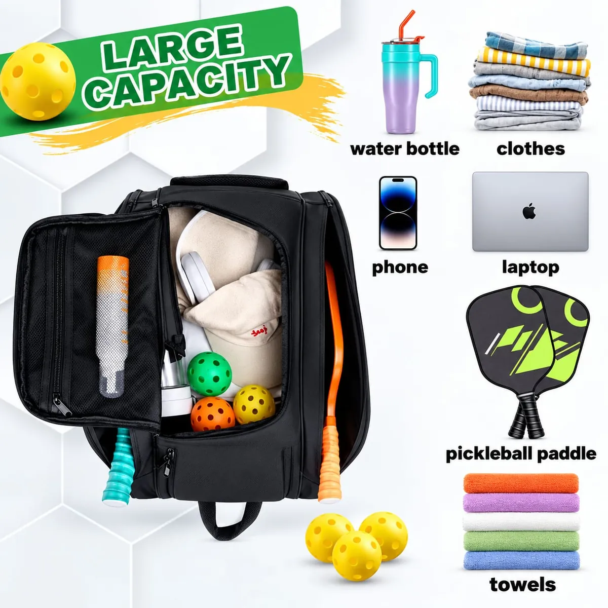 Open Snuvly bag packed with paddles, balls, a cap and a bottle, next to a laptop, phone, clothes and towels