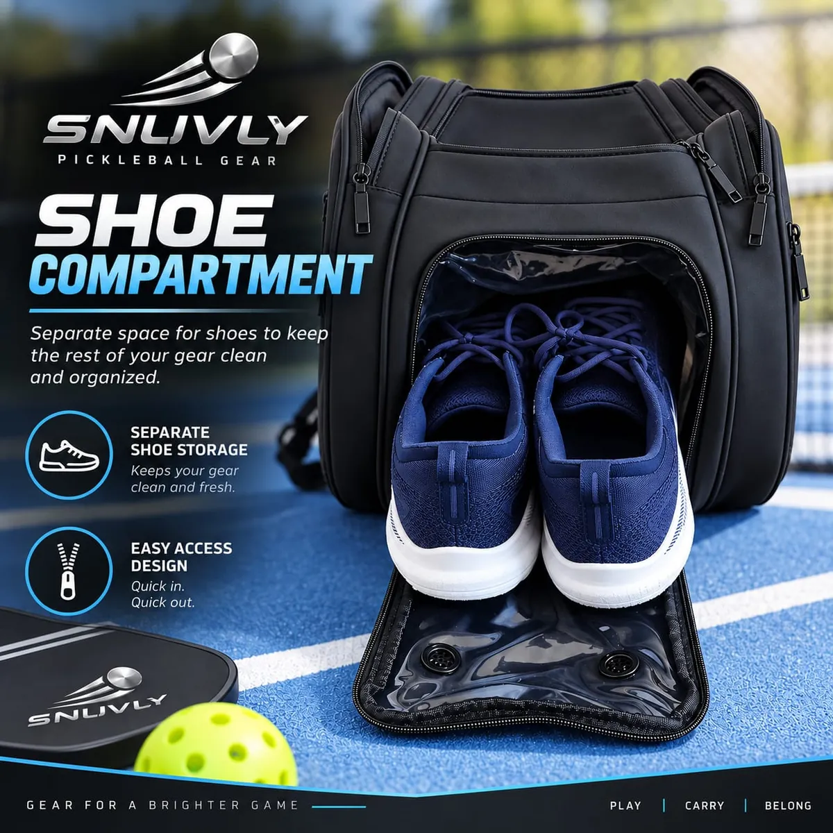 Navy court shoes sitting in the Snuvly bag's open bottom shoe compartment