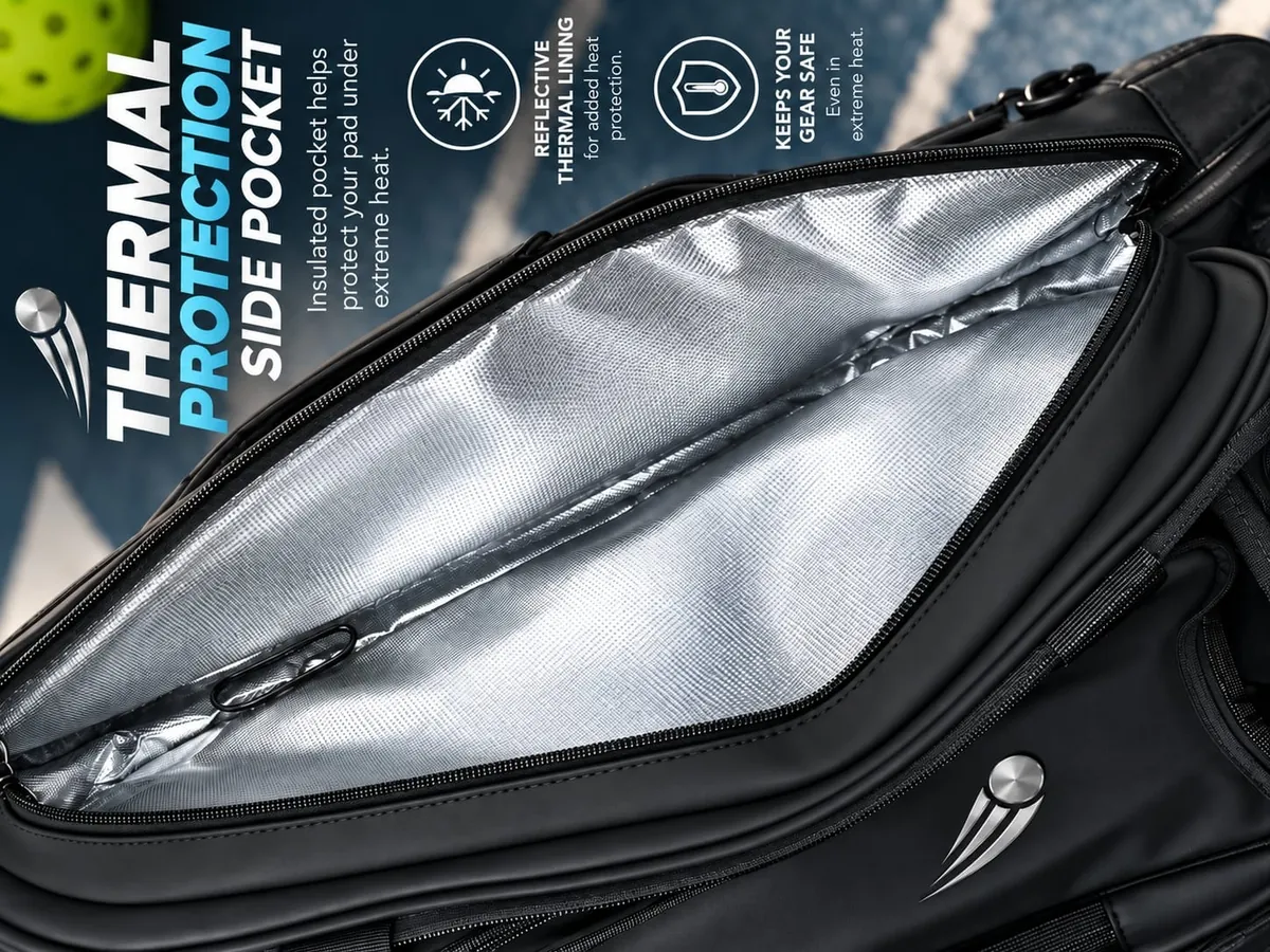 Open side pocket of the Snuvly bag showing a silver reflective thermal lining