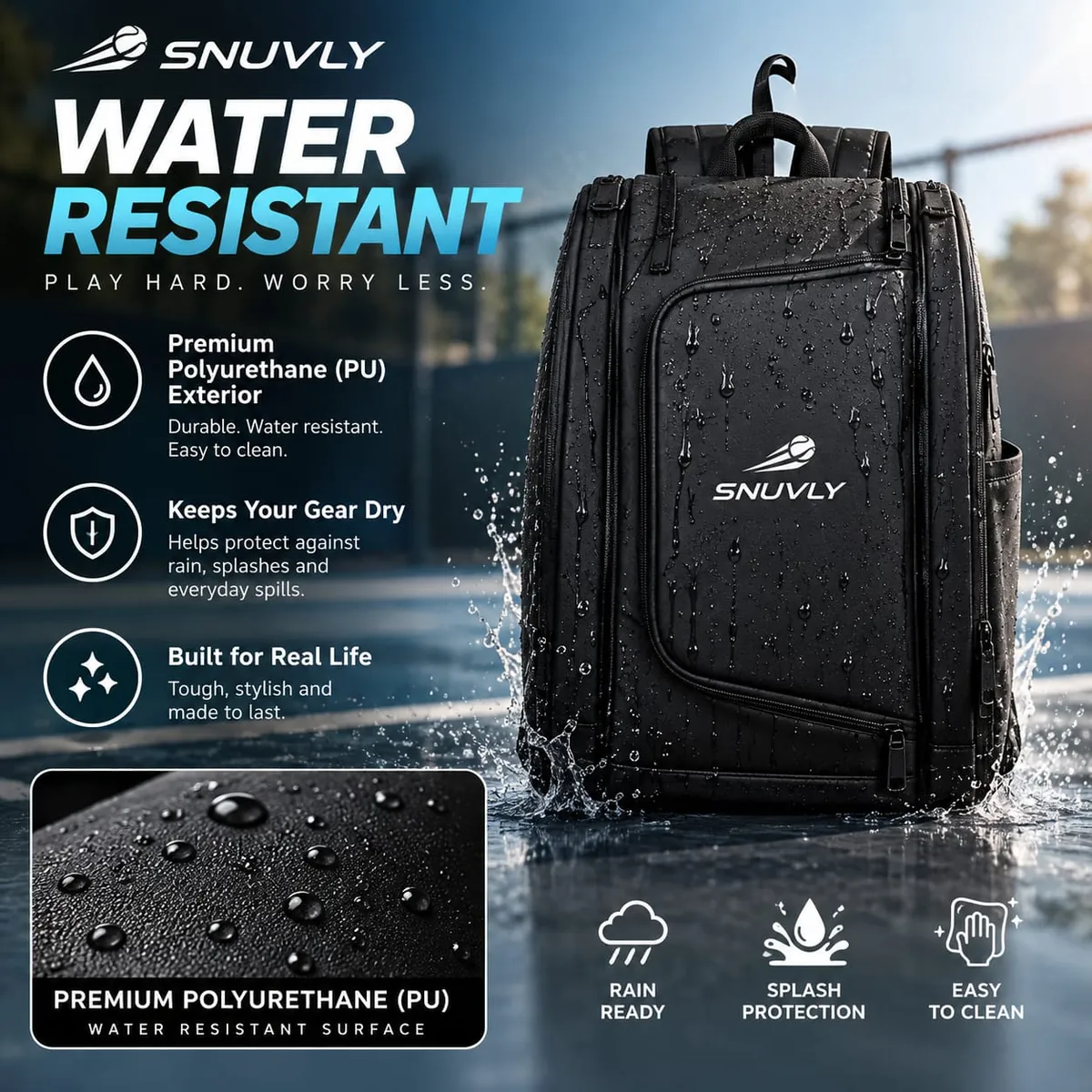 Snuvly backpack in the rain with water beading on its PU exterior